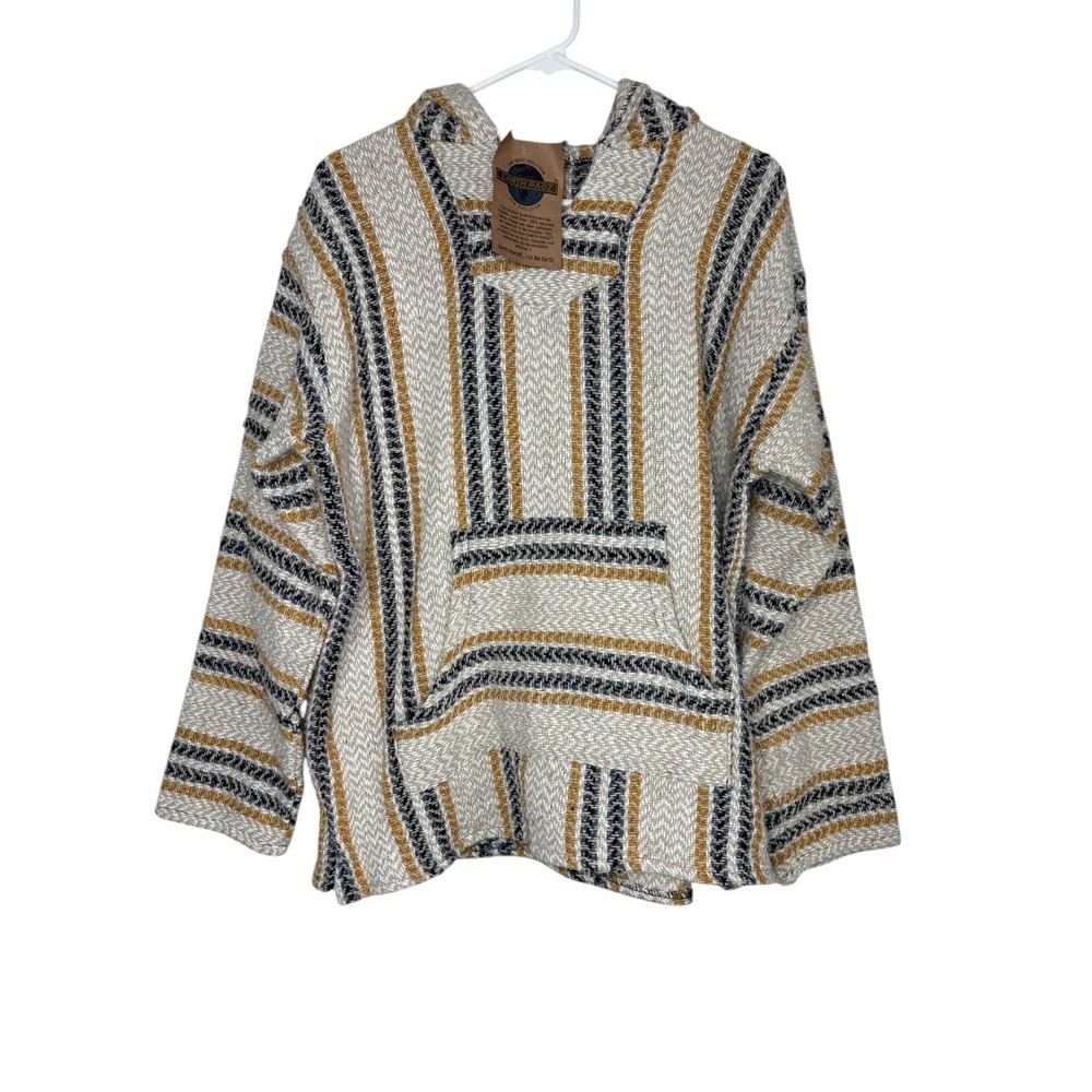 Earth Ragz Baja Hoodie Mens Medium Cream Mustard Striped Recycled Pullover NWT